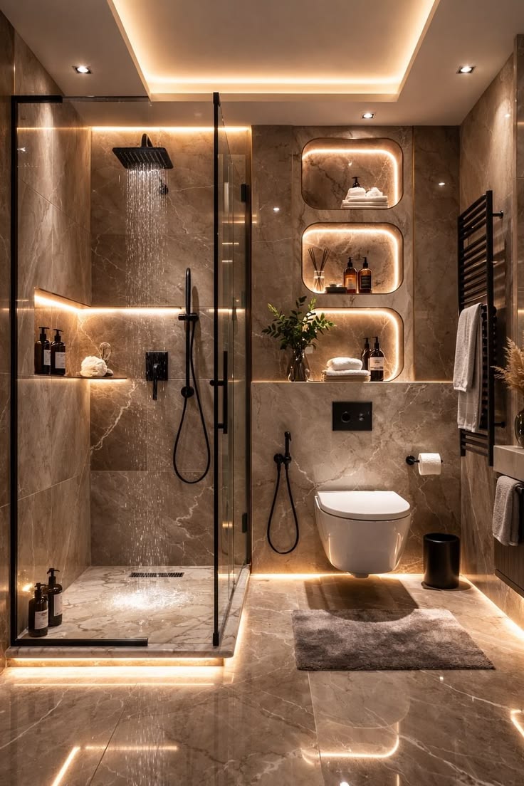 Warm stone-look bathroom with a glass shower enclosure, illuminated niches and a wall-hung toilet