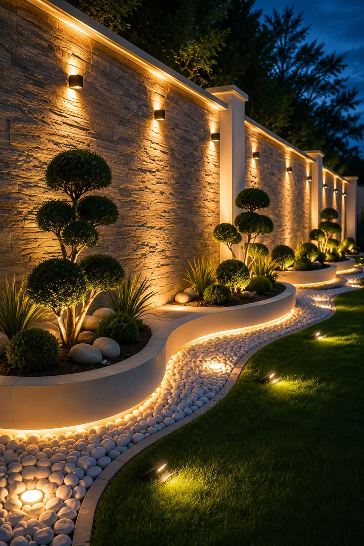 Stone-clad boundary wall with warm wall lights, curved planting beds and a landscaped lawn at dusk