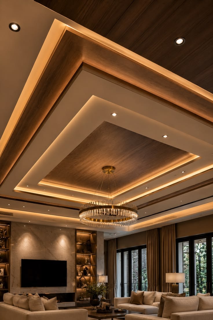 Layered timber and plaster ceiling with recessed downlights, warm cove lighting and a circular chandelier