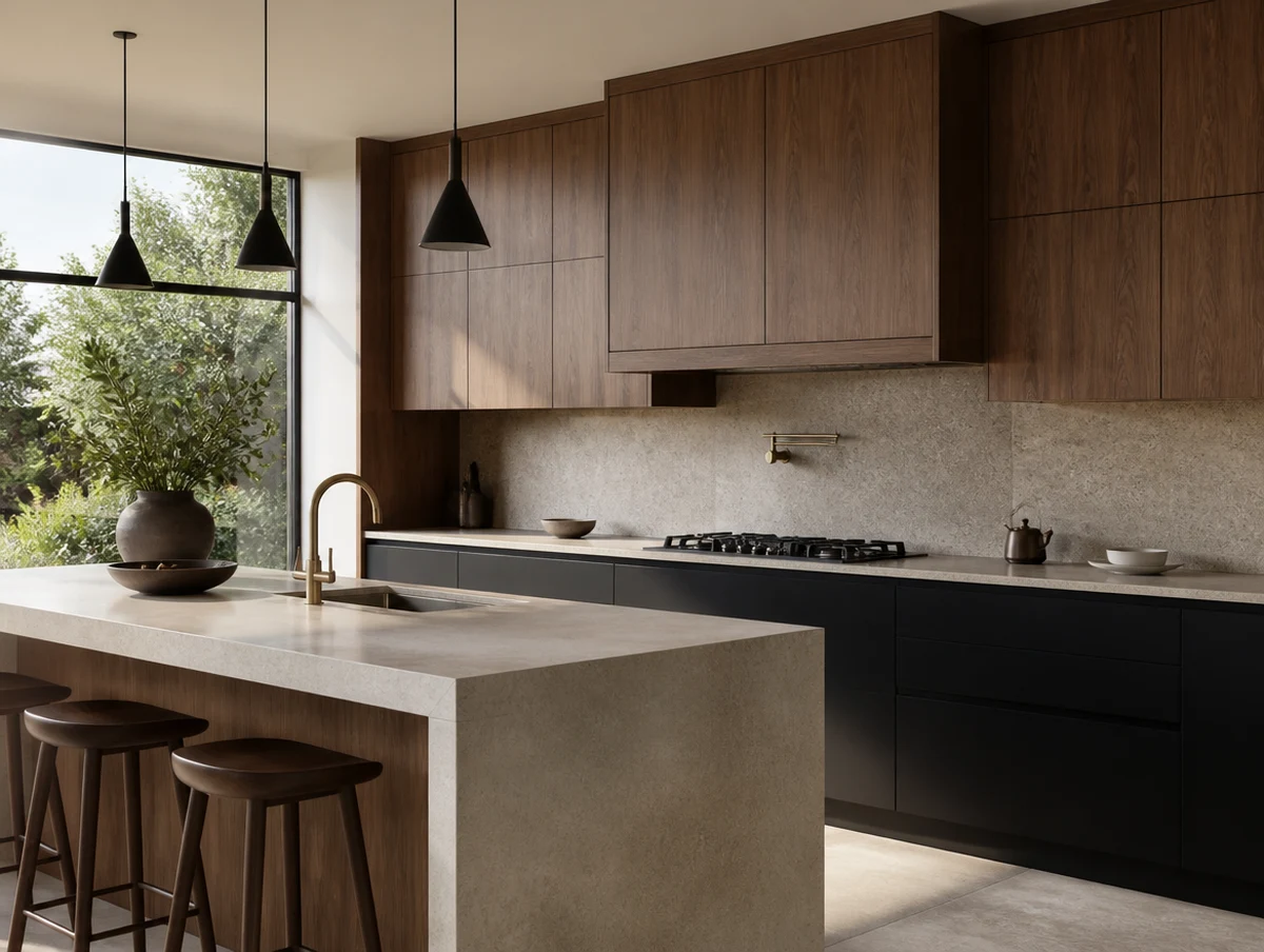 Illustrative kitchen with walnut cabinetry and a natural stone island